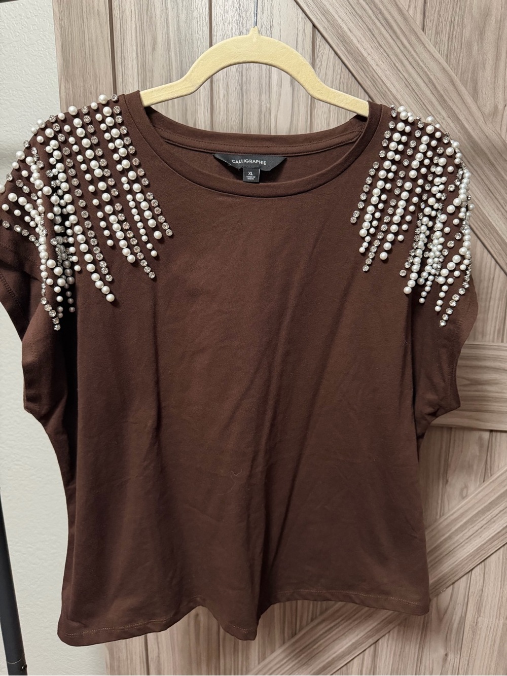 Calligraphie XL Brown Pearl Rhinestone Embellished Shoulder Top